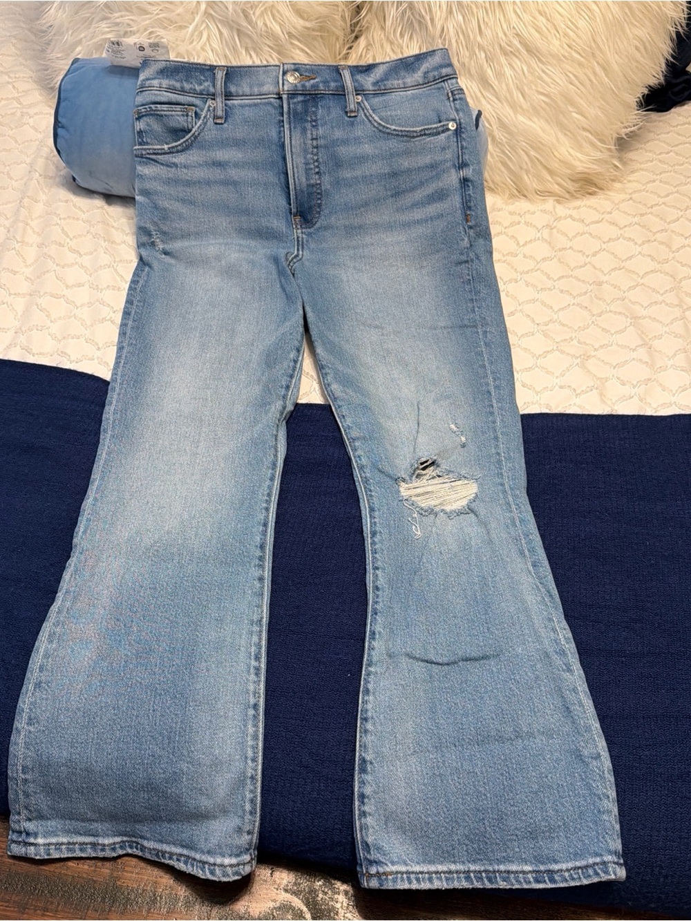 Express Light Blue Flare Jeans with Distressed Knee